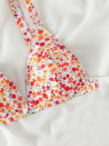 Swim Mod Summer Beach Floral Print V-Neck Bikini Top - Multicolor - View 7