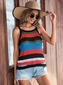 Breezaya Color-Block Hollow Out Knitted Camisole Top - Multicolor - View 4