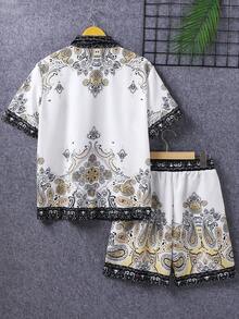男士印花拼接短袖襯衫+休閒短褲家庭裝配套（4件分別出售） - 白色 - 查看 2