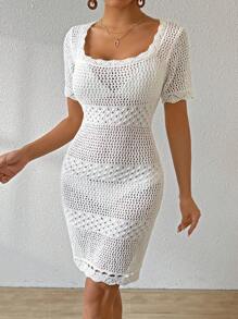 SHEIN Clasi Drawstring Hollow Out Knit Square Collar Bodycon Sweater Dress - White - View 5