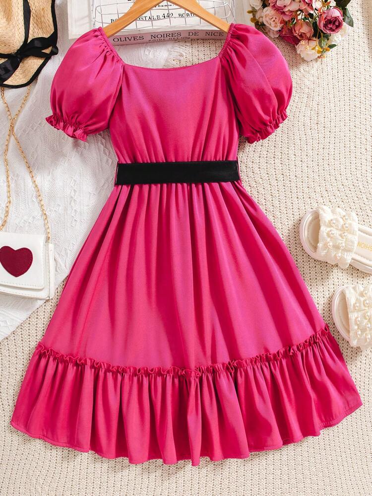 Tween Girl's Pink Bubble Sleeve Dress With Ruffle Hem
