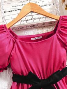 Vestido Rosa De Manga Globo Con Dobladillo Con Volantes Para Niña Adolescente - Rosa Fucsia - Ver 3