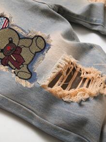 Men Cotton Bear Patched Ripped Frayed Rag Stitching Jeans - Medium Wash - View 4