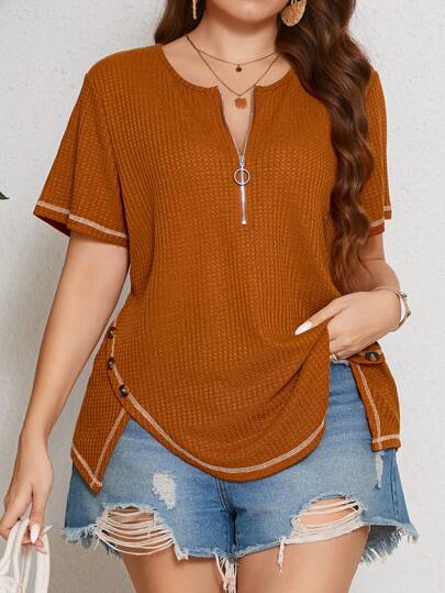 SHEIN LUNE Camiseta De Manga Corta Para Mujeres De Talla Grande Con Media Placa De Cremallera