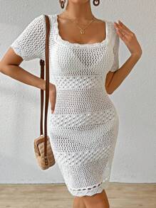 SHEIN Clasi Drawstring Hollow Out Knit Square Collar Bodycon Sweater Dress - White - View 6