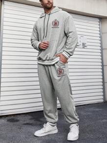 Manfinity Homme Conjunto De Sudadera Con Capucha Y Pantalones De Chándal Impresos Con Letras Para Hombres De Talla Grande Con Cordón - Gris - Ver 3