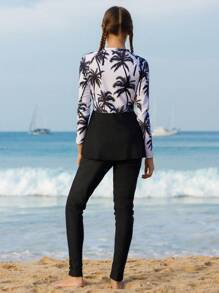 Teen Girls' Palm Tree Print Long Sleeve Tankini Swimwear Set - Black and White - View 2