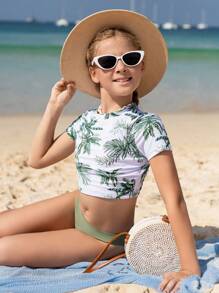 Tween Girls Coconut Tree Printed Bikini Set With Triangle Bottom And Top Summer Beach - Army Green - View 4