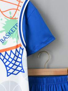 SHEIN Tween Boys' Color Block Basketball Printed T-Shirt And Shorts - Multicolor - View 7