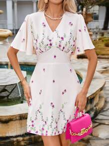 GENKIRA Floral Print V-Neck Waist Cinched Dress - Multicolor - View 1