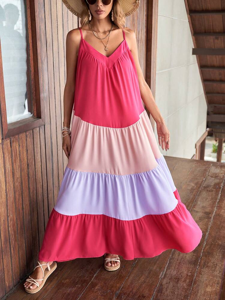 Color Block Ruffle Hem Cami Dress