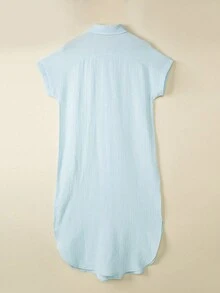 Casual Ruched Button Slit Side Split Button Hem Long Kimono Swimsuit Beach Dresses - Blue - View 5