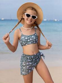 Tween Girl Floral Printed Bikini Set Summer Beach