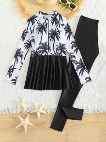 Teen Girls' Palm Tree Print Long Sleeve Tankini Swimwear Set - Black and White - View 7