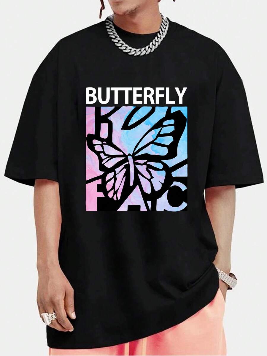 男式蝴蝶&字母印花短袖t恤 - 黑色 - 查看 1