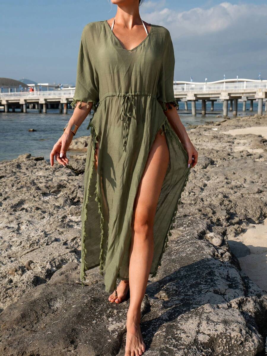 SHEIN Swim Của phụ nữ Phong cách Đơn giản Viền chia cắt Cover Ups & Áo đầm - Màu Khaki - Xem 1
