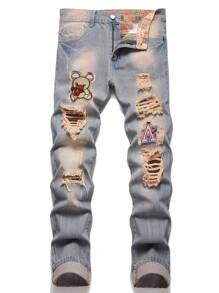 Men Cotton Bear Patched Ripped Frayed Rag Stitching Jeans - Medium Wash - View 3