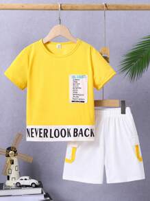 SHEIN Boys' Casual Colorblock English Printed Round Neck Short Sleeve T-Shirt For Summer Daily Wear - Yellow - View 1