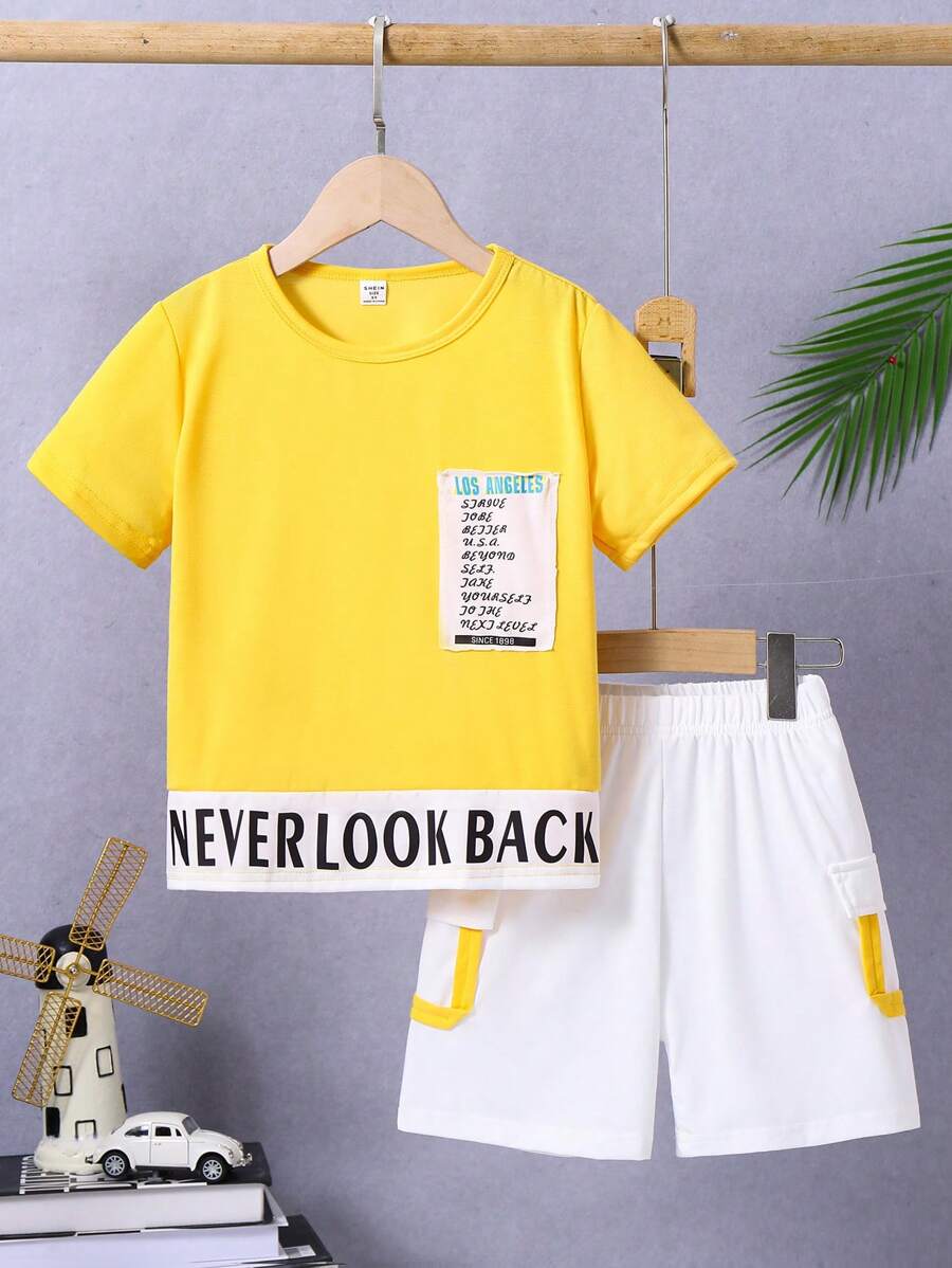 SHEIN Boys' Casual Colorblock English Printed Round Neck Short Sleeve T-Shirt For Summer Daily Wear - Yellow - View 1