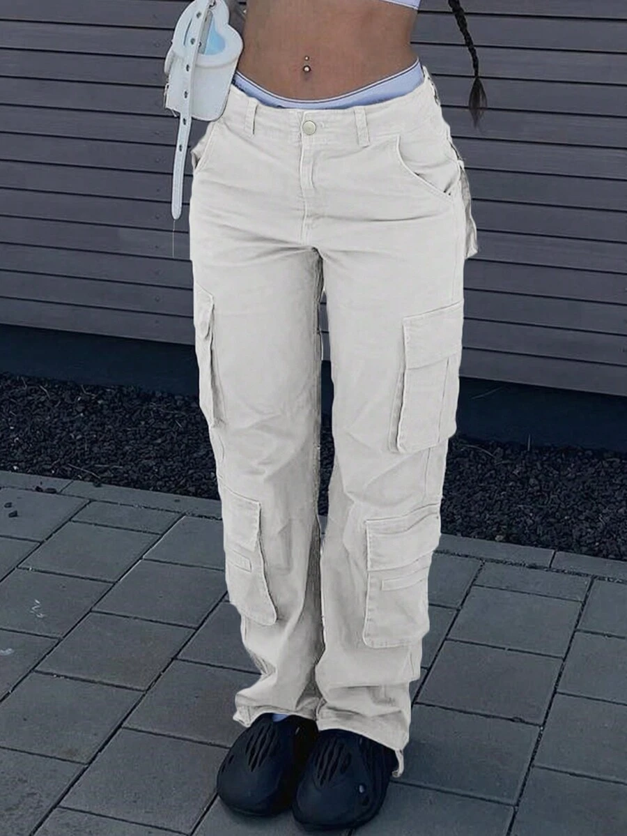 Women Straight Loose Solid Color Casual Cargo Pants - White - View 1