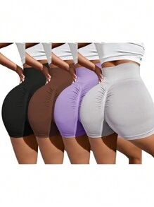 Easithlete 4pcs Solid Seamless Ruched Wide Waistband Sports Shorts Legging Shorts - Multicolor - View 1