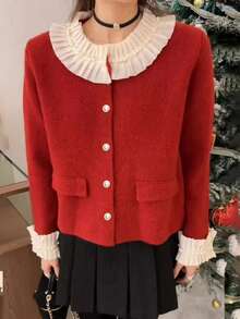 酒紅色蕾絲拼接衣領和袖口的針織開衫 - 酒紅色 - 查看 1