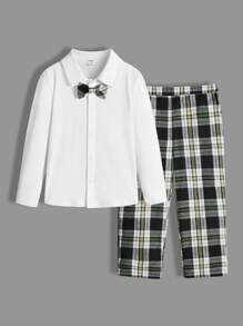 SHEIN Young Boys' Preppy Style Shirt And Plaid Pants Set