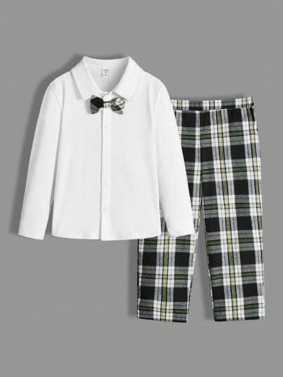 SHEIN Conjunto De Camisa Con Estilo Preppy Y Pantalón A Cuadros Para Niños Jóvenes