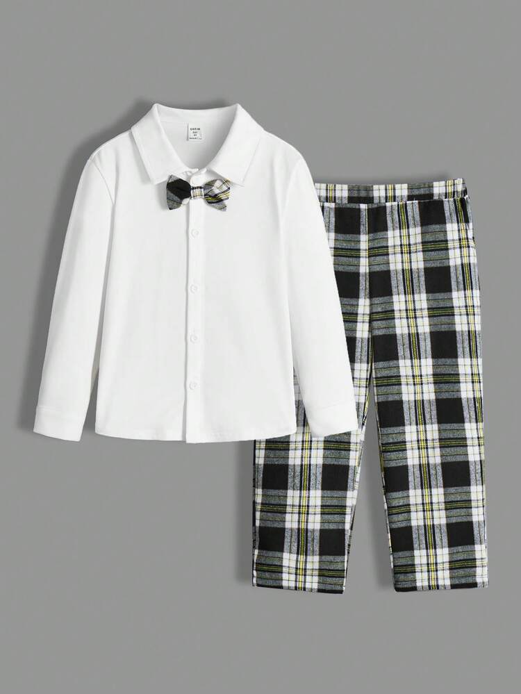 Young Boys' Preppy Style Shirt And Plaid Pants Set