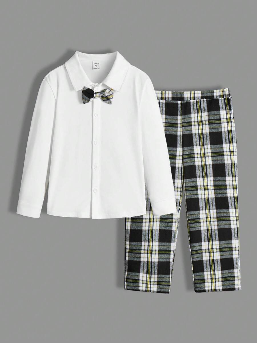 SHEIN Young Boys' Preppy Style Shirt And Plaid Pants Set