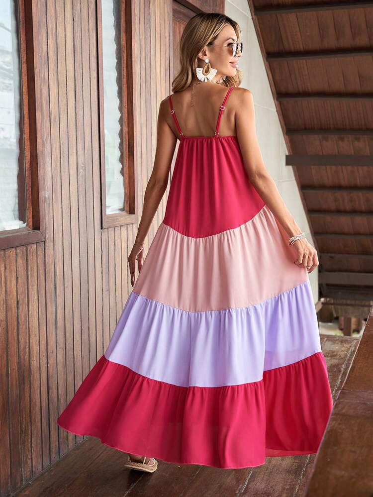Color Block Ruffle Hem Cami Dress