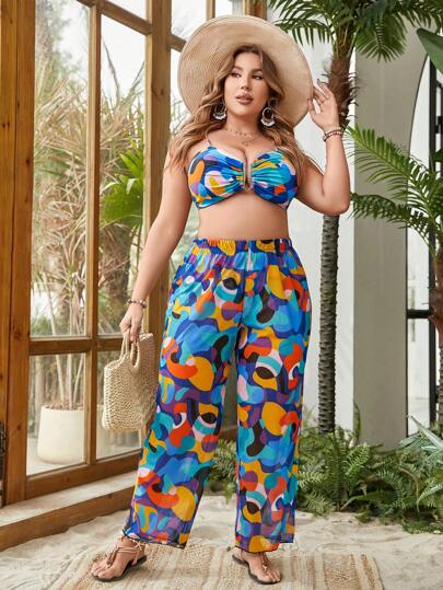 SHEIN Swim Curve Plus Size Colorful Printed Cami Bikini Set 3-Piece Set, Bikini Set Outfit Beach Swimwear Bathing Suit Summer Beach