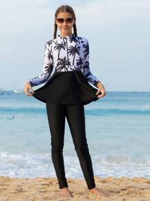 Teen Girls' Palm Tree Print Long Sleeve Tankini Swimwear Set - Black and White - View 1