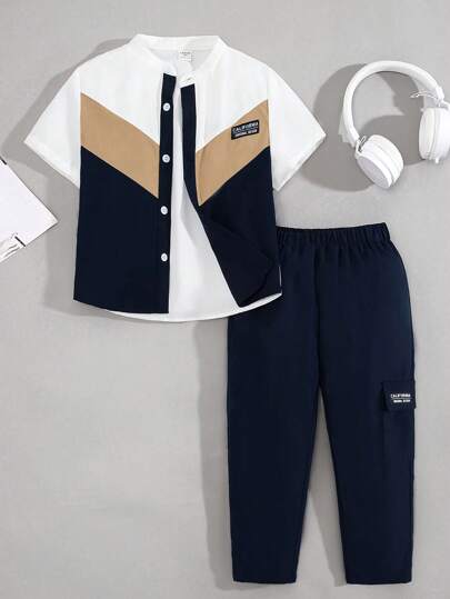 SHEIN Young Boy's Casual Comfortable Colorblock Short Sleeve Shirt And Straight Pants Set With Patched Detail