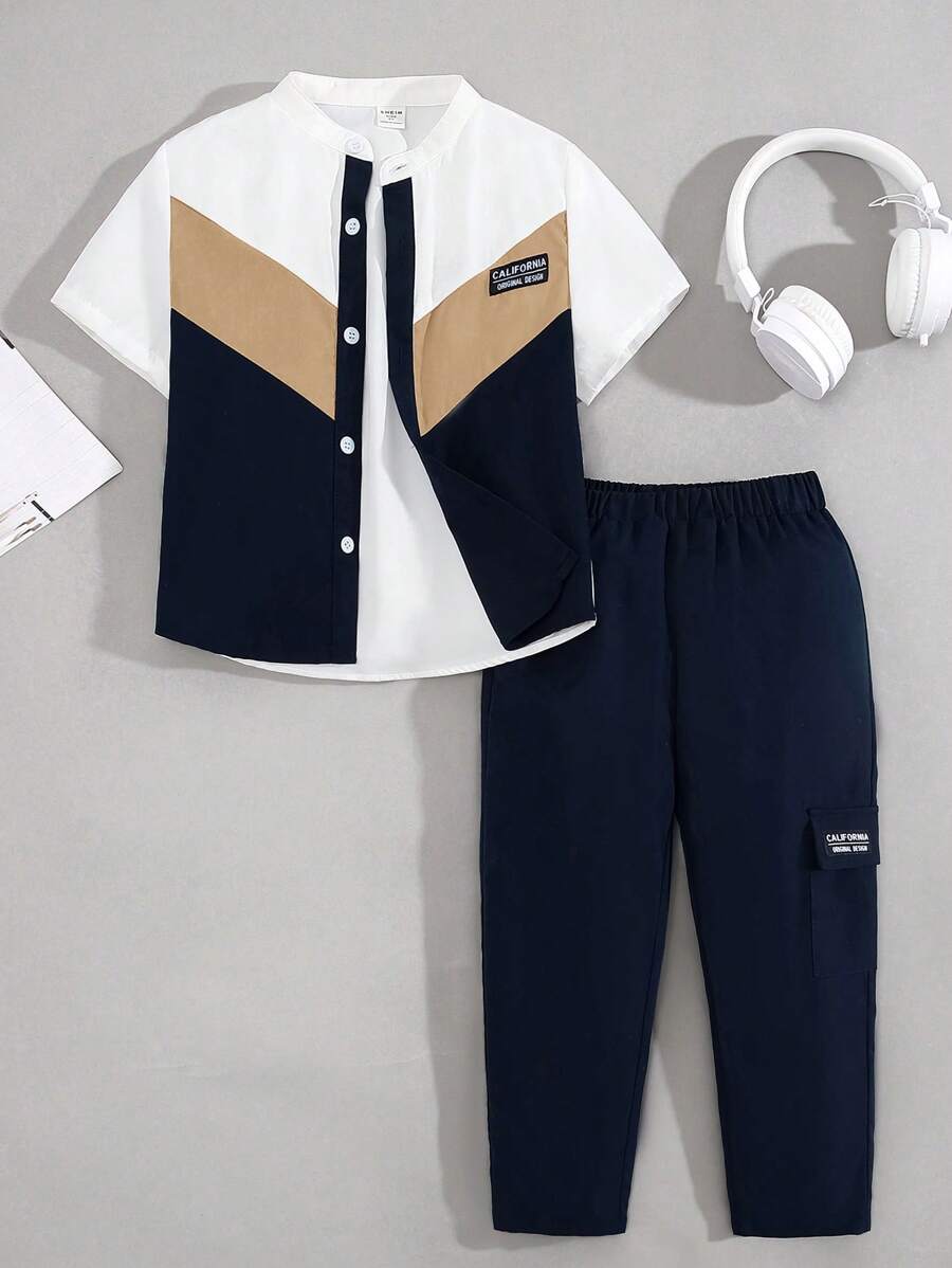 SHEIN Young Boy's Casual Comfortable Colorblock Short Sleeve Shirt And Straight Pants Set With Patched Detail - Khaki - View 1