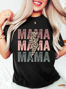 SHEIN LUNE Vòng cổ In thư Ngắn tay Áo thun - màu đen - Xem 1