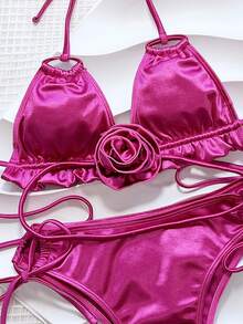 女士纯色露背 3d 花朵比基尼套装上衣、侧系带下装、腕带可拆卸比基尼套装夏季海滩 - 玫紅色 - 查看 4