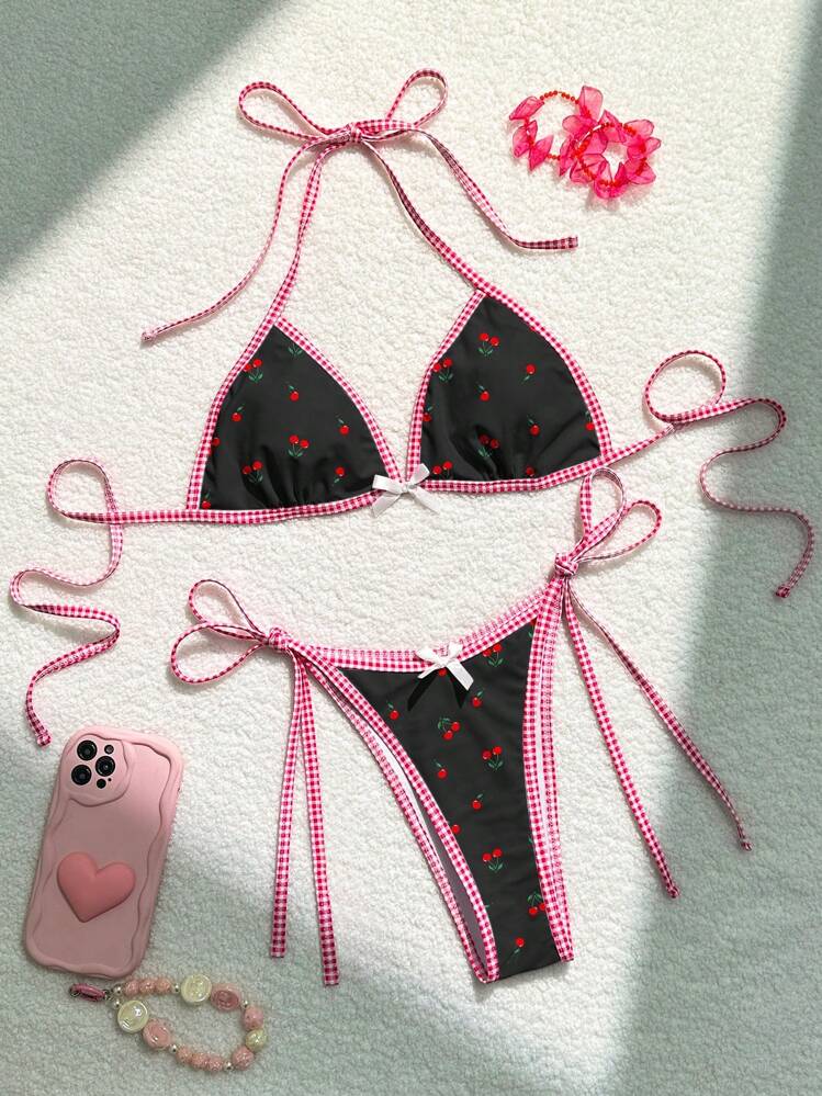 SHEIN Swim Mod Summer Beach Women s Cute Style Cherry Printed Bra Bikini Set Bottom Two Piece Bikini Set Cute Bathing Suits Bikini Set SHEIN