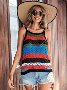 Breezaya Color-Block Hollow Out Knitted Camisole Top - Multicolor - View 5