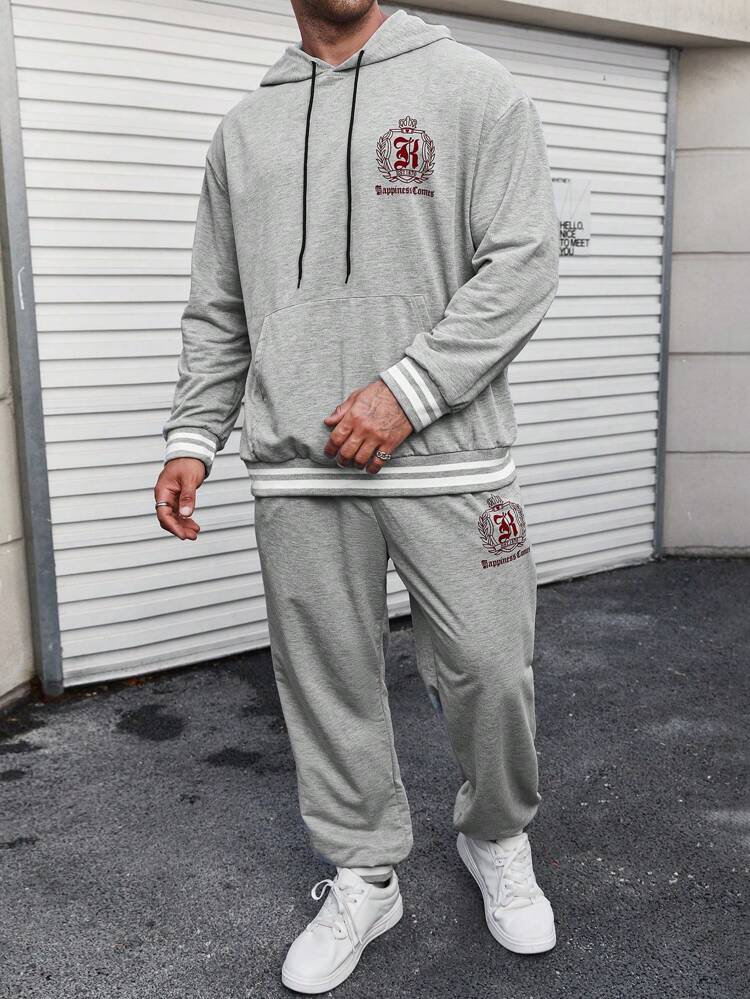 Men's Plus Size Letter Printed Hooded Sweatshirt And Sweatpants Set With Drawstring