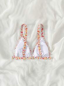 Swim Mod Summer Beach Floral Print V-Neck Bikini Top - Multicolor - View 4