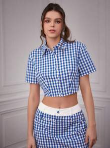 Forever 21 Bộ áo và chân váy kẻ caro cho nữ - Màu xanh lam - Xem 4