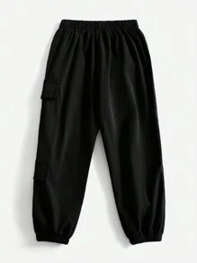 SHEIN Leap Crew Young Boy Casual Cargo Pants With Side Pockets - Black - View 2