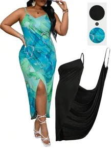 SHEIN VCAY Plus Size Summer Two Pieces Outfits Two Pieces Beach Set Black Dress Long Summer Dress - Multicolor - View 1
