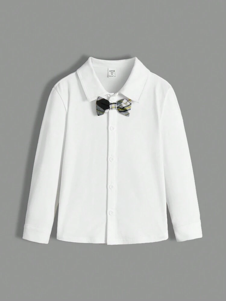 Young Boys' Preppy Style Shirt And Plaid Pants Set