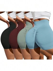 Easithlete 4入組無縫收攏寬鬆腰帶運動短褲打底褲，彈性短褲