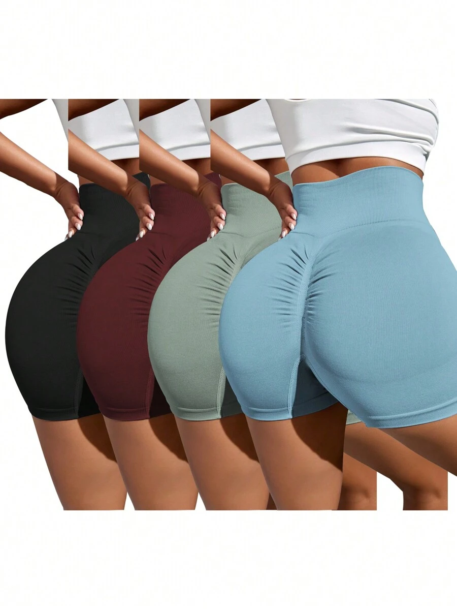 Easithlete 4入組無縫收攏寬鬆腰帶運動短褲打底褲，彈性短褲