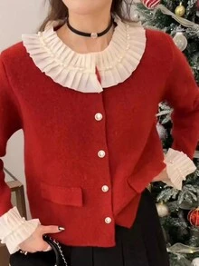 酒紅色蕾絲拼接衣領和袖口的針織開衫 - 酒紅色 - 查看 6