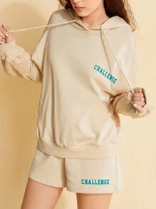 Forever 21 Set Di Felpa Con Cappuccio E Pantaloncini, Stampa Lettera Da Donna Con Cordino