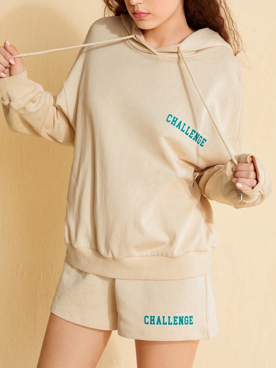 Women's Letter Print Drawstring Hooded Sweatshirt And Shorts Set